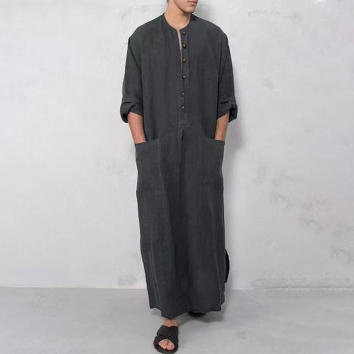 Men's Relaxed Linen Long Kaftan Tunic Button-Front Maxi Robe
