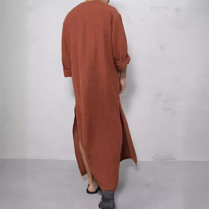 Men's Relaxed Linen Long Kaftan Tunic Button-Front Maxi Robe