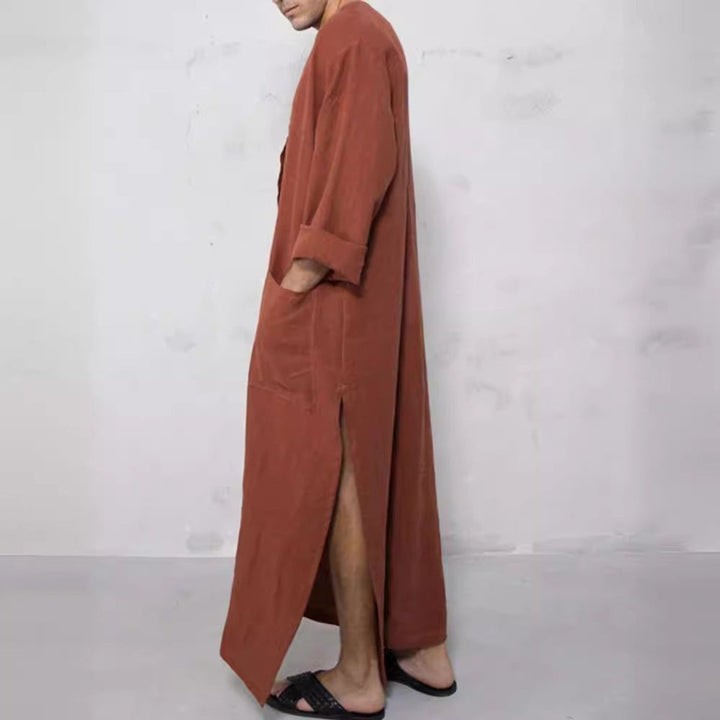 Men's Relaxed Linen Long Kaftan Tunic Button-Front Maxi Robe