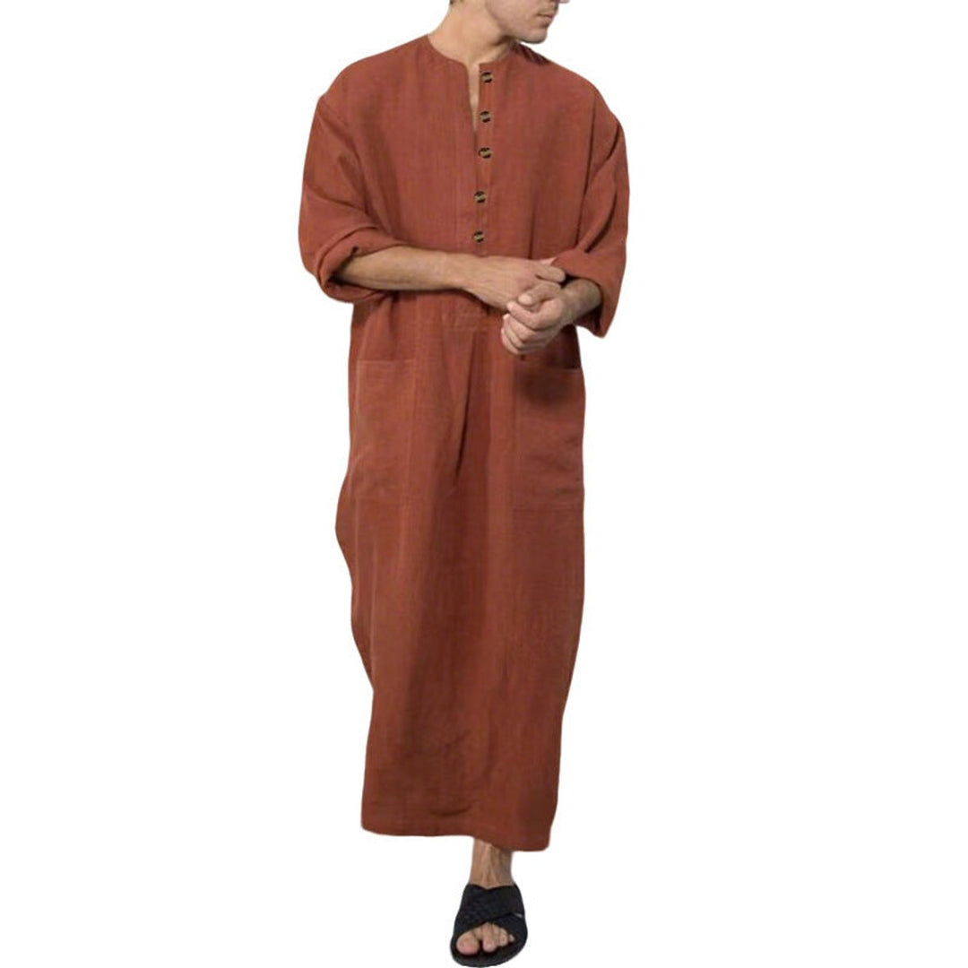 Men's Relaxed Linen Long Kaftan Tunic Button-Front Maxi Robe - Braun