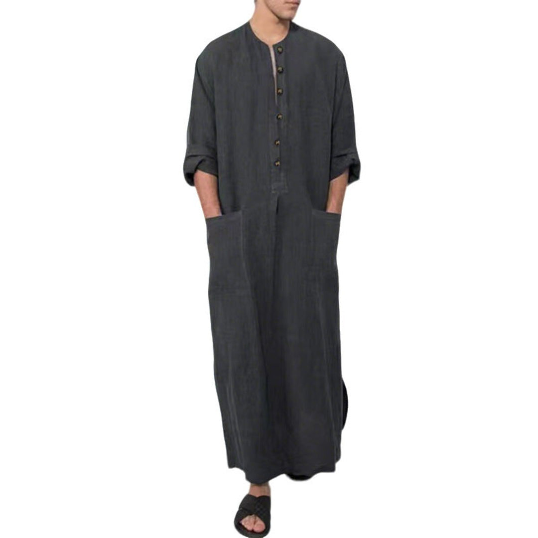 Men's Relaxed Linen Long Kaftan Tunic Button-Front Maxi Robe - Grau