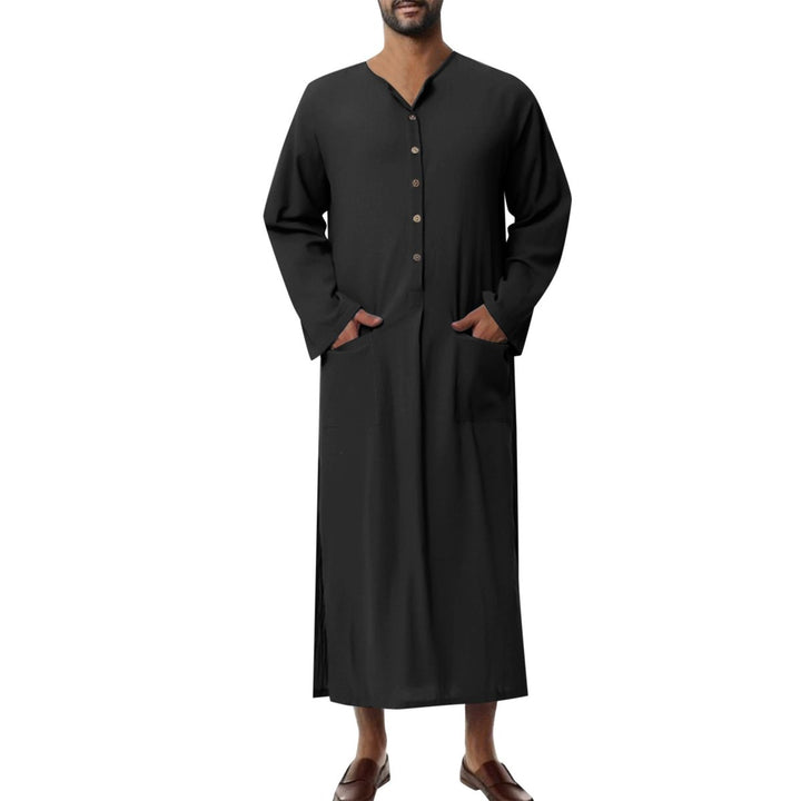 Men's Relaxed Linen Long Kaftan Tunic Button-Front Maxi Robe - Schwarz