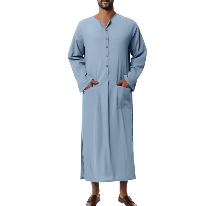 Men's Relaxed Linen Long Kaftan Tunic Button-Front Maxi Robe - Hellblau