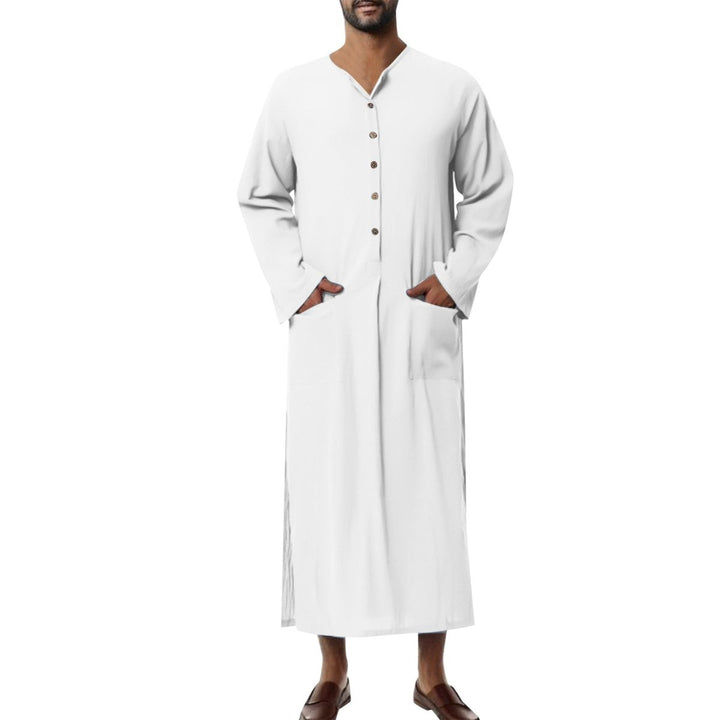Men's Relaxed Linen Long Kaftan Tunic Button-Front Maxi Robe - Weiß