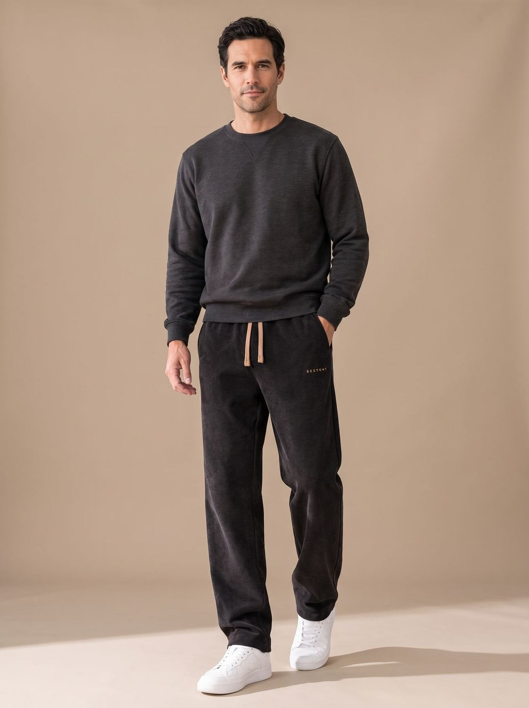 Men's Relaxed Straight-Leg Corduroy Drawstring Pants - Black