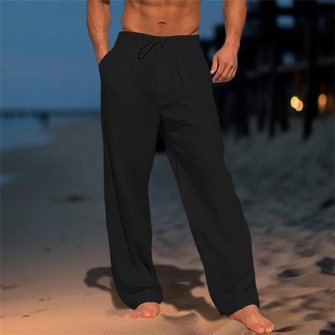 Men's Relaxed Wide-Leg Drawstring Linen-Blend Pants - Black