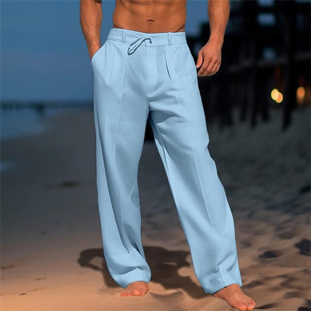 Men's Relaxed Wide-Leg Drawstring Linen-Blend Pants - Blue