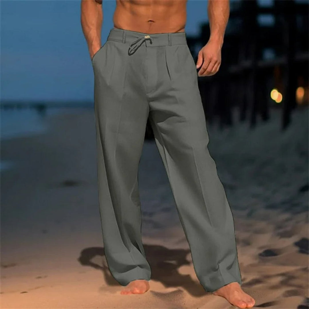 Men's Relaxed Wide-Leg Drawstring Linen-Blend Pants - Gray