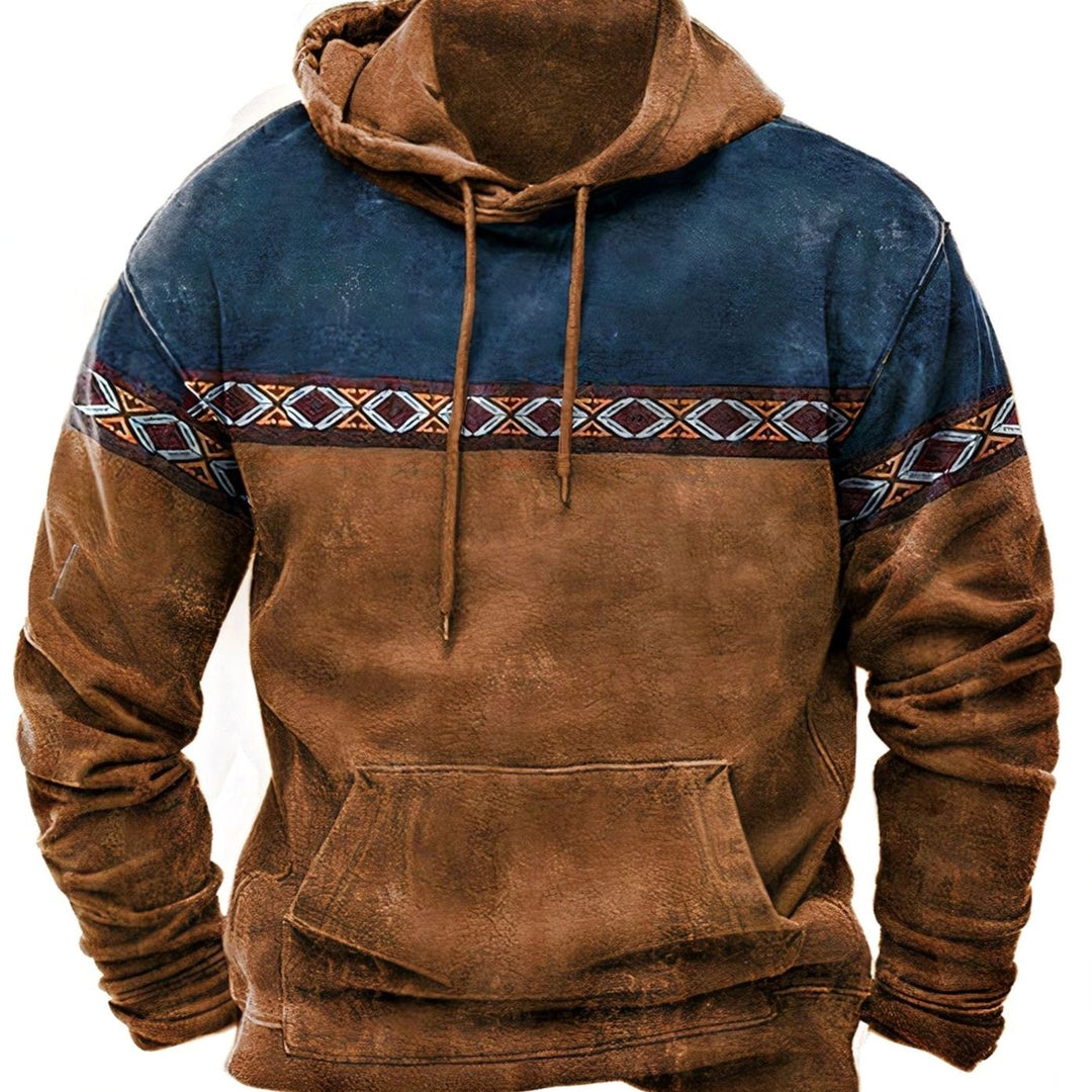 Men's Retro Tribal Colorblock Drawstring Casual Hoodie - Brown