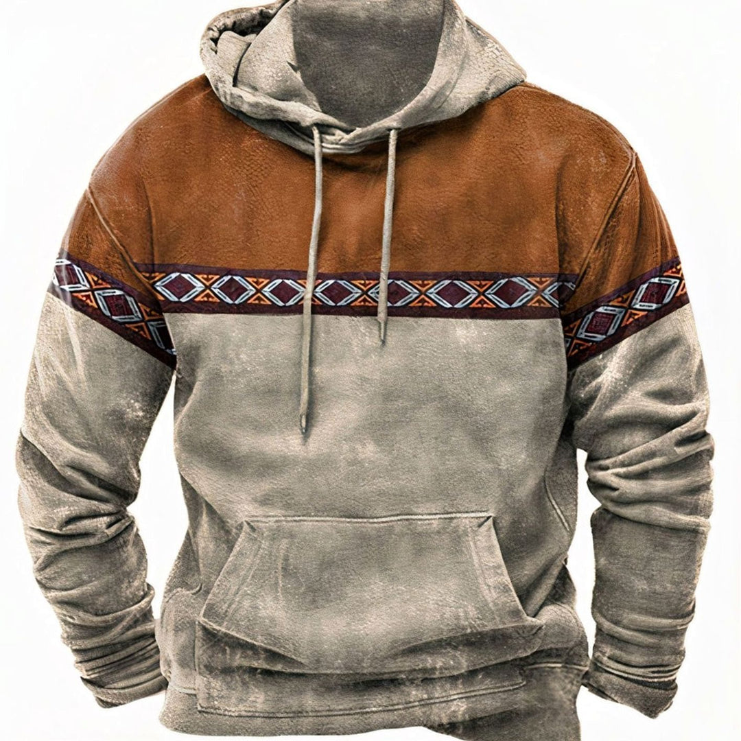 Men's Retro Tribal Colorblock Drawstring Casual Hoodie - Khaki