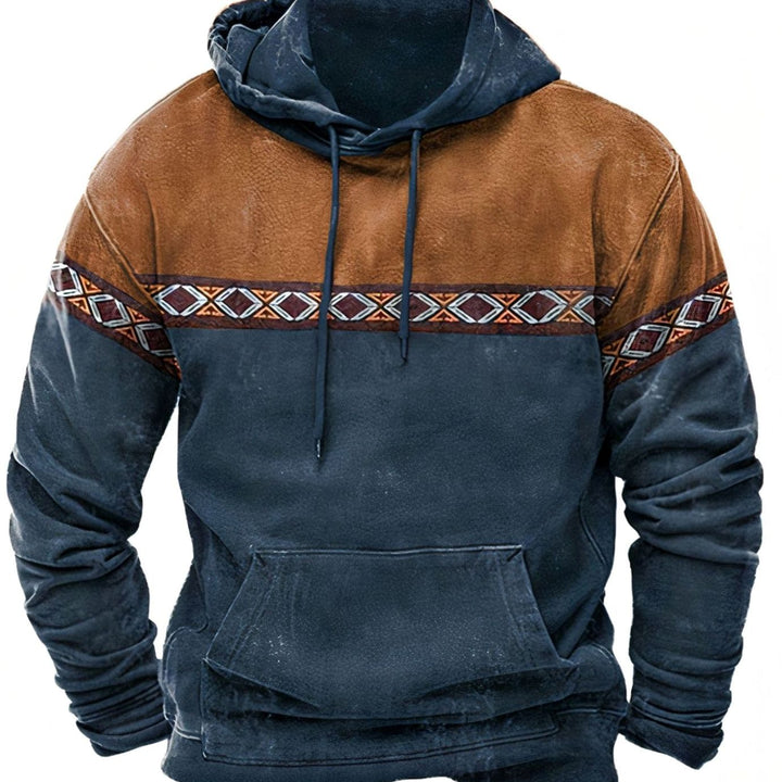 Men's Retro Tribal Colorblock Drawstring Casual Hoodie - Dark Green
