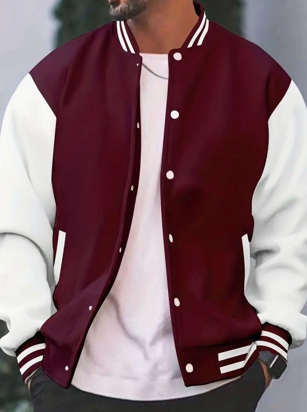 Men's Retro Two-Tone Snap-Button Varsity Jacket - Burgundy