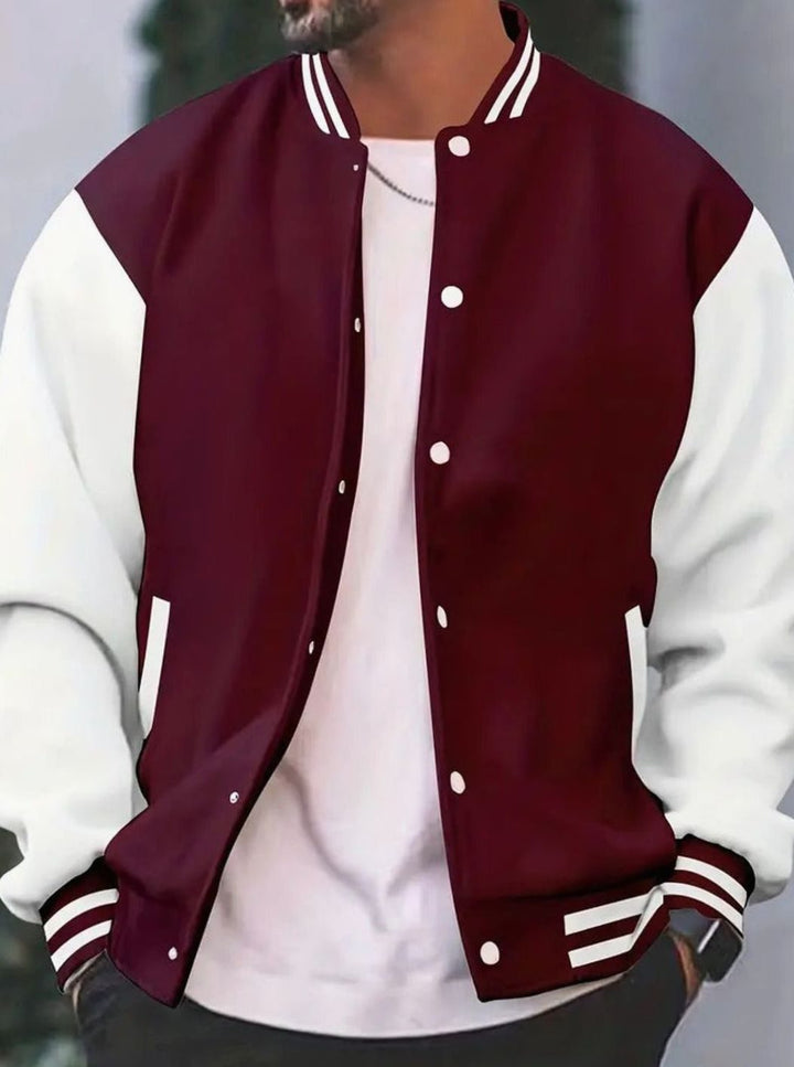 Men's Retro Two-Tone Snap-Button Varsity Jacket - Burgundy