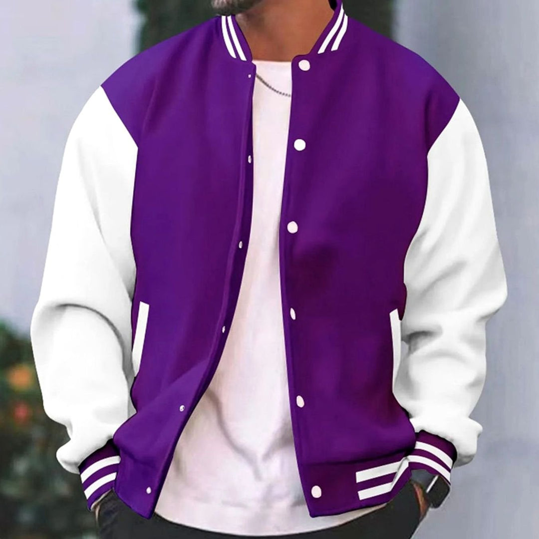 Men's Retro Two-Tone Snap-Button Varsity Jacket - Purple
