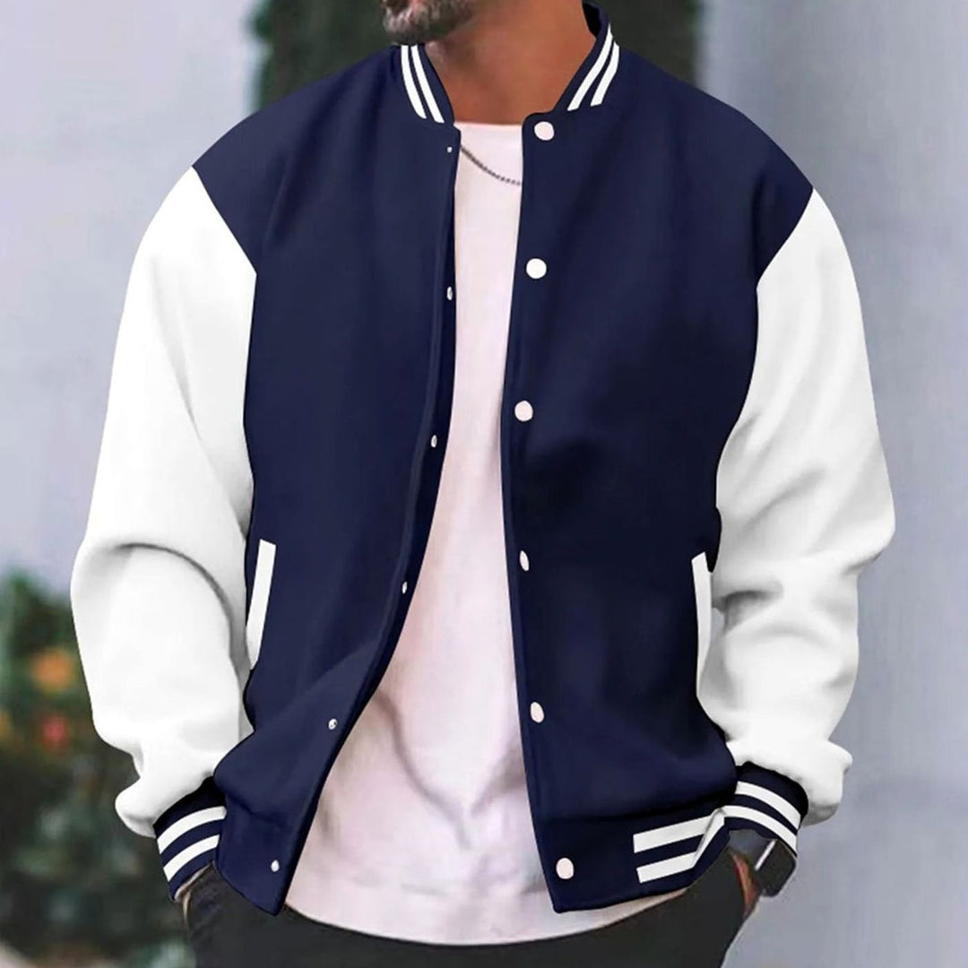 Men's Retro Two-Tone Snap-Button Varsity Jacket - Navy Blue