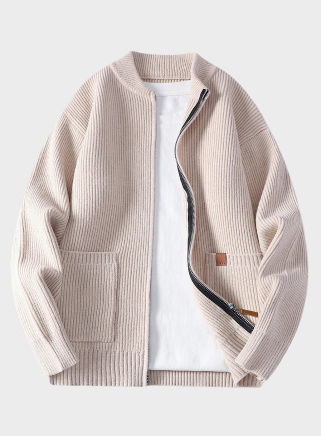 Men's Ribbed Knit Full-Zip Cardigan Jacket with Front Pockets