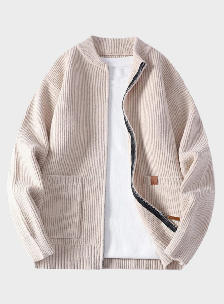 Men's Ribbed Knit Full-Zip Cardigan Jacket with Front Pockets
