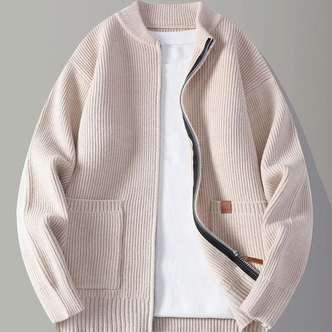Men's Ribbed Knit Full-Zip Cardigan Jacket with Front Pockets - Beige
