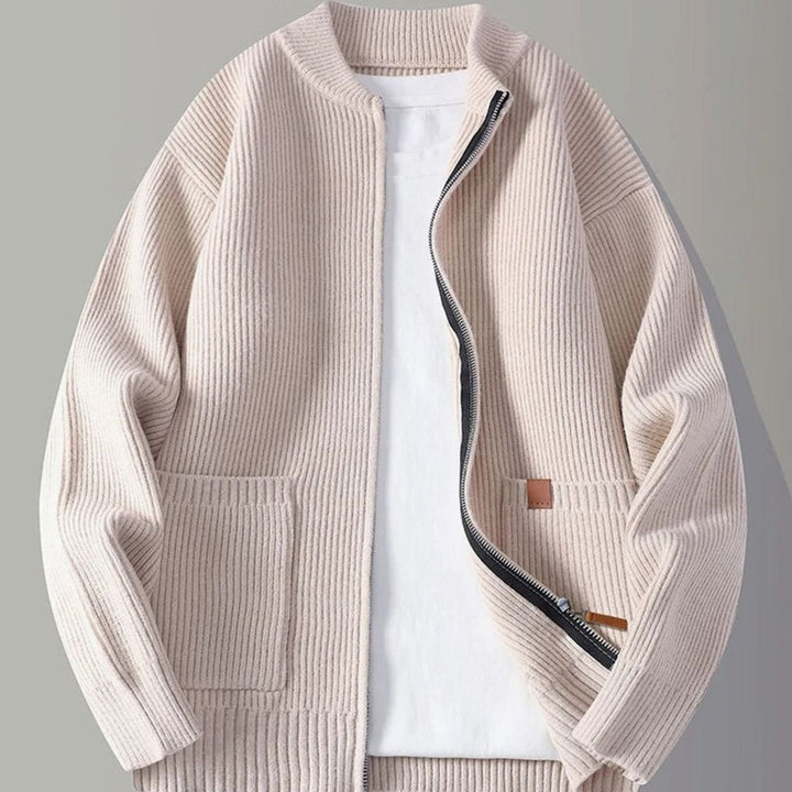 Men's Ribbed Knit Full-Zip Cardigan Jacket with Front Pockets - Beige