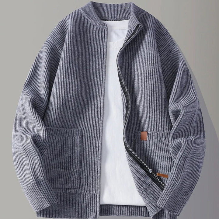 Men's Ribbed Knit Full-Zip Cardigan Jacket with Front Pockets - Gray