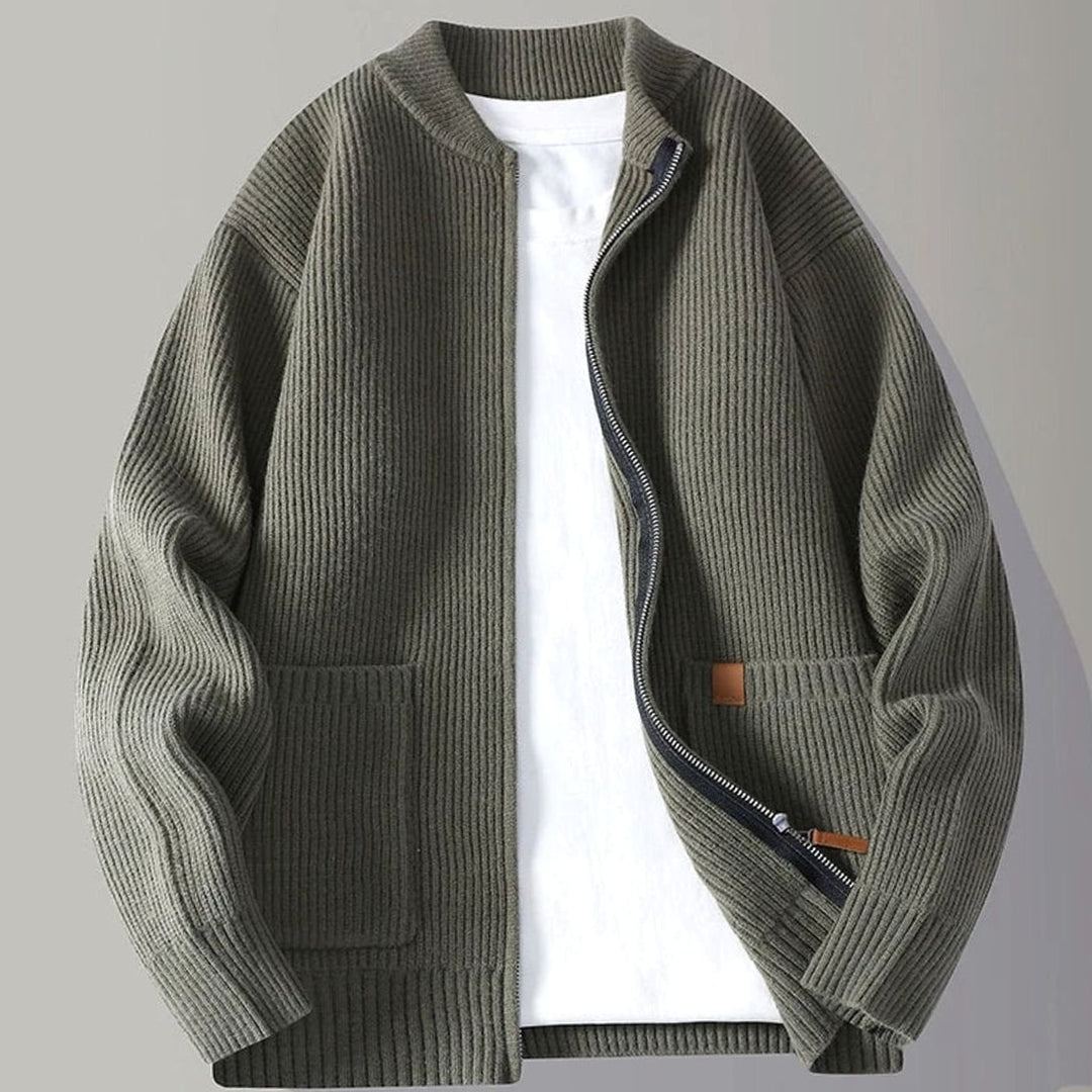 Men's Ribbed Knit Full-Zip Cardigan Jacket with Front Pockets - Green
