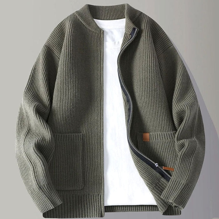 Men's Ribbed Knit Full-Zip Cardigan Jacket with Front Pockets - Green