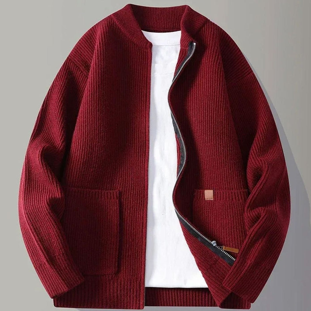 Men's Ribbed Knit Full-Zip Cardigan Jacket with Front Pockets - Red