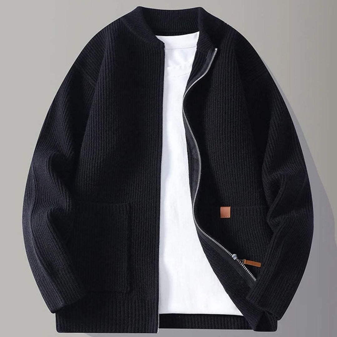 Men's Ribbed Knit Full-Zip Cardigan Jacket with Front Pockets - Black