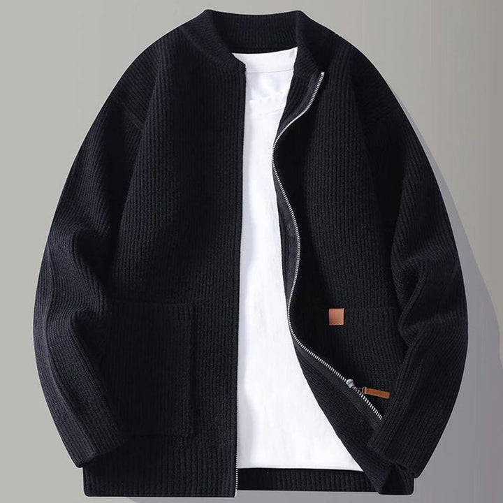Men's Ribbed Knit Full-Zip Cardigan Jacket with Front Pockets - Black
