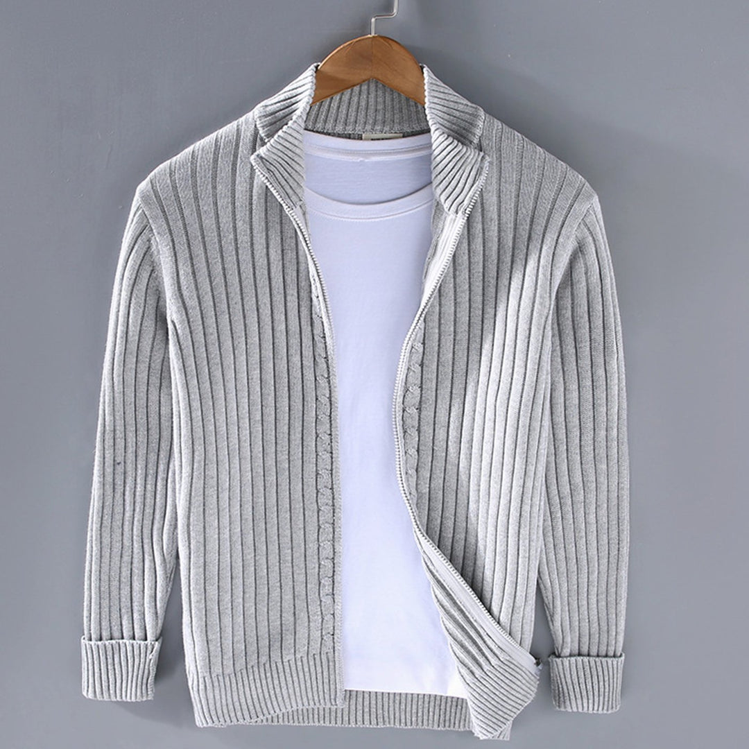 Men's Ribbed Knit Full-Zip Winter Cardigan Sweater Jacket - Grey
