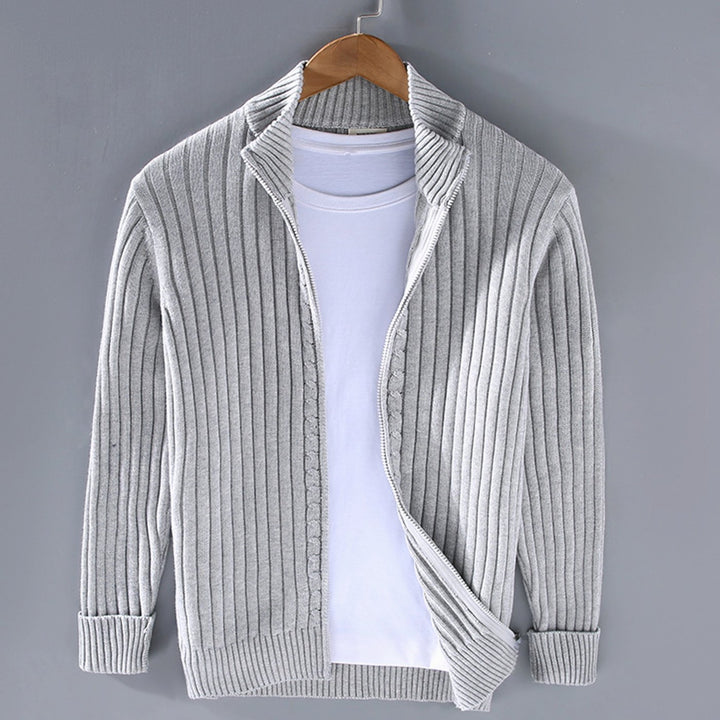 Men's Ribbed Knit Full-Zip Winter Cardigan Sweater Jacket - Grey