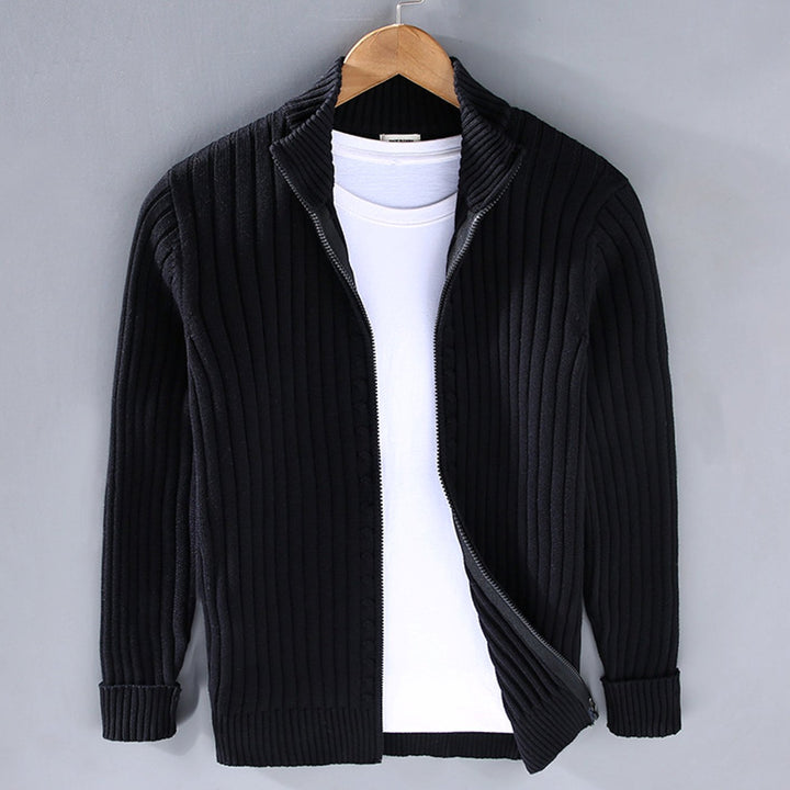 Men's Ribbed Knit Full-Zip Winter Cardigan Sweater Jacket - Black