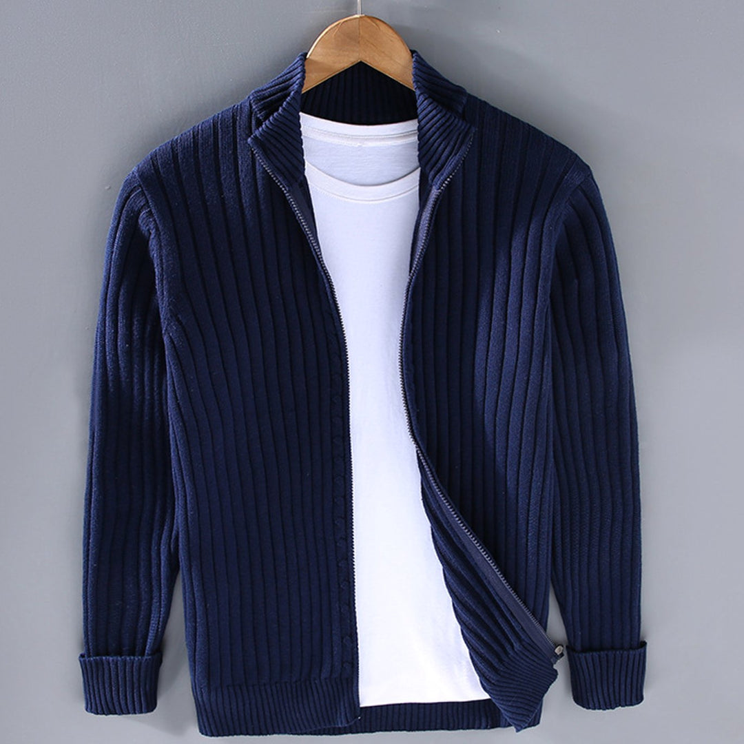 Men's Ribbed Knit Full-Zip Winter Cardigan Sweater Jacket - Blue