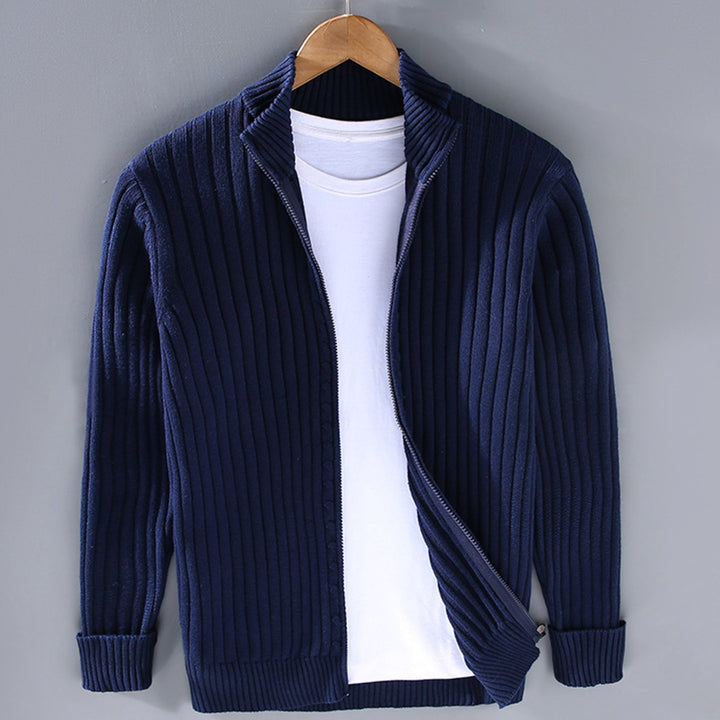 Men's Ribbed Knit Full-Zip Winter Cardigan Sweater Jacket - Blue