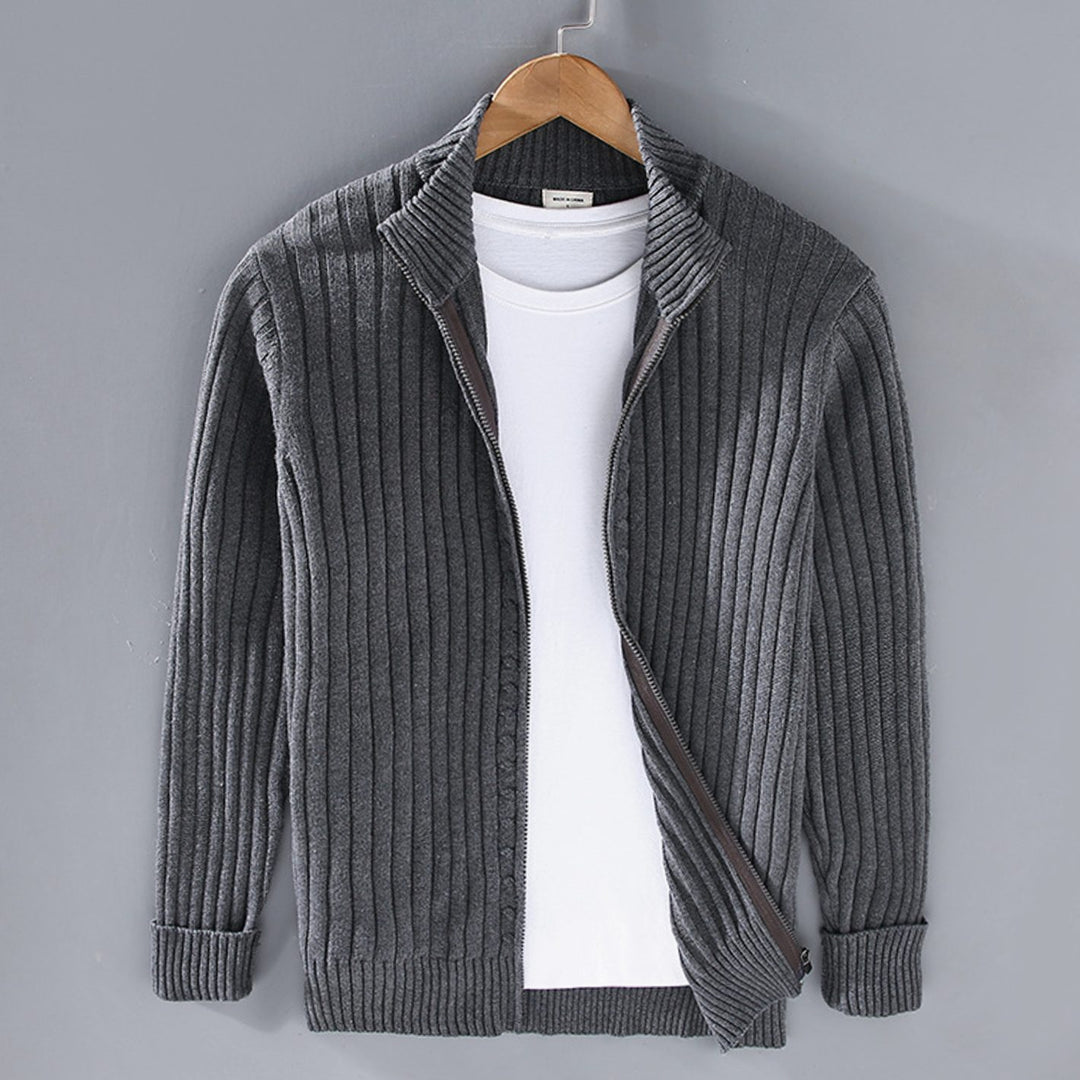 Men's Ribbed Knit Full-Zip Winter Cardigan Sweater Jacket - Charcoal