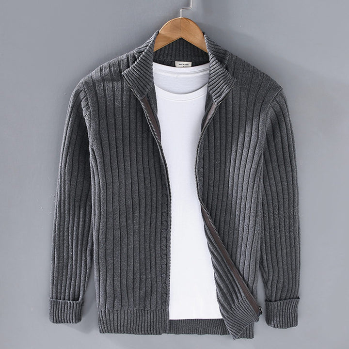 Men's Ribbed Knit Full-Zip Winter Cardigan Sweater Jacket - Charcoal