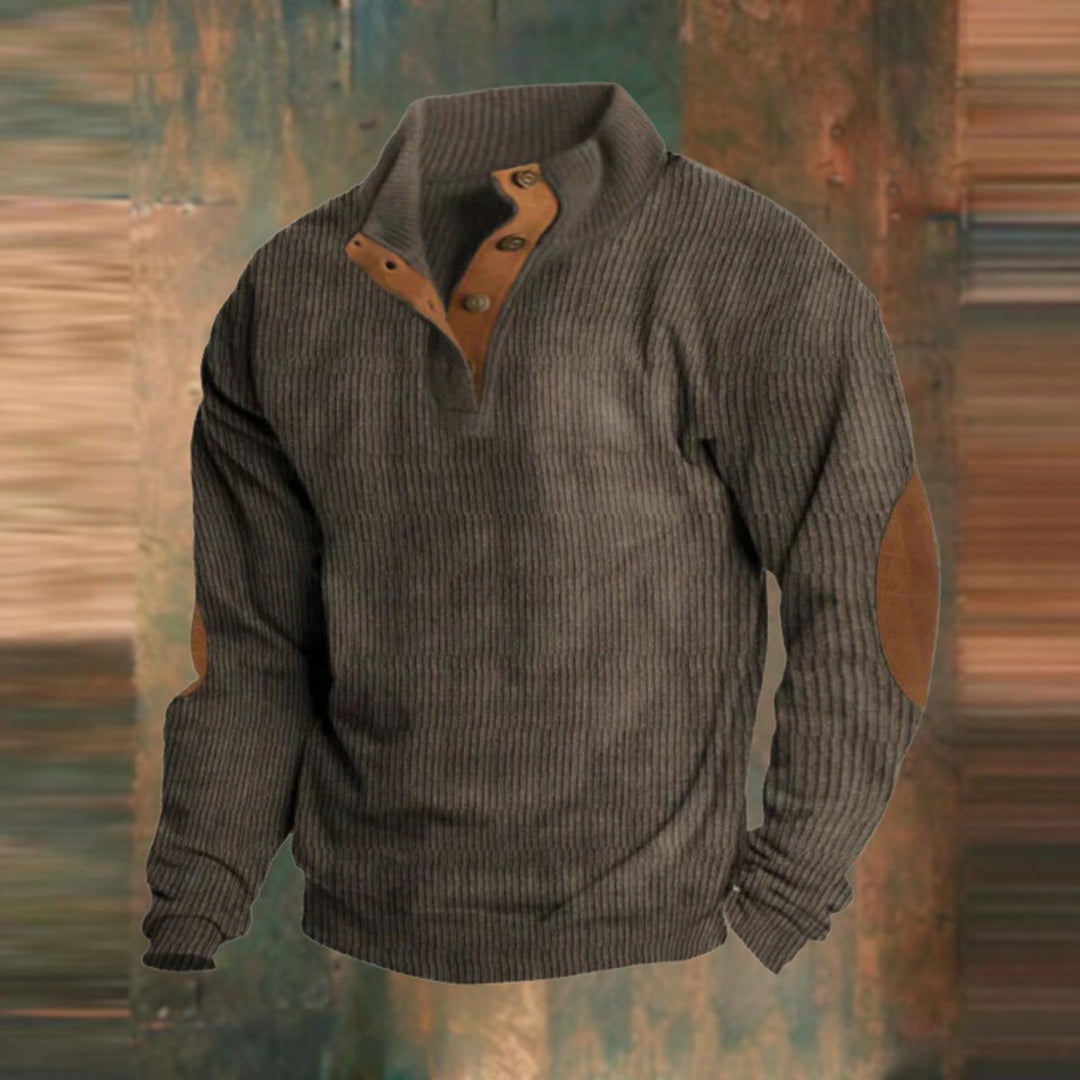 Men's Ribbed Knit Sweater Quarter-Snap Collar Elbow Patch Pullover - Brown