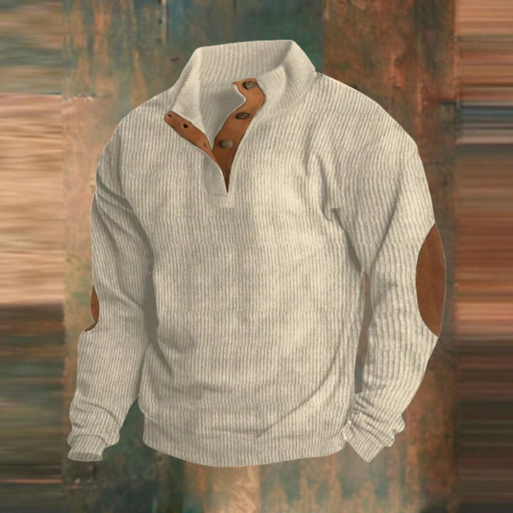 Men's Ribbed Knit Sweater Quarter-Snap Collar Elbow Patch Pullover - Beige