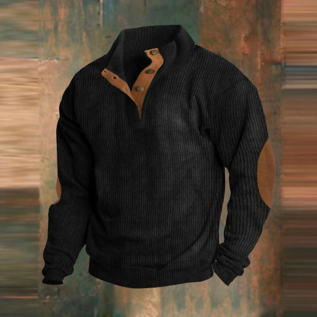 Men's Ribbed Knit Sweater Quarter-Snap Collar Elbow Patch Pullover - Black