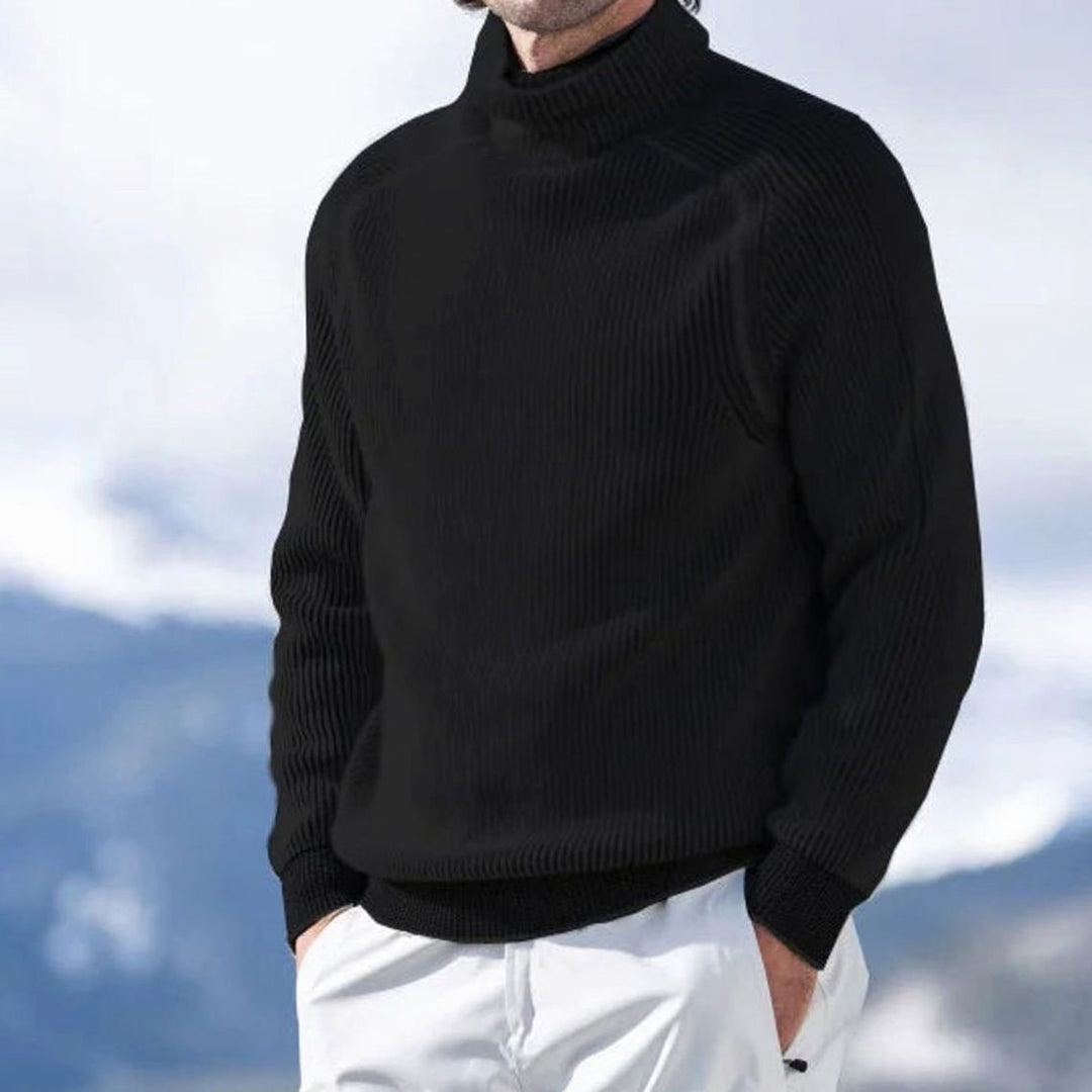 Men's Ribbed Knit Turtleneck Sweater Long Sleeve Pullover - Black