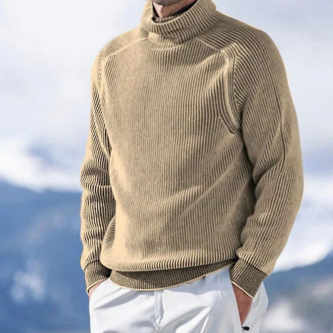 Men's Ribbed Knit Turtleneck Sweater Long Sleeve Pullover - Khaki