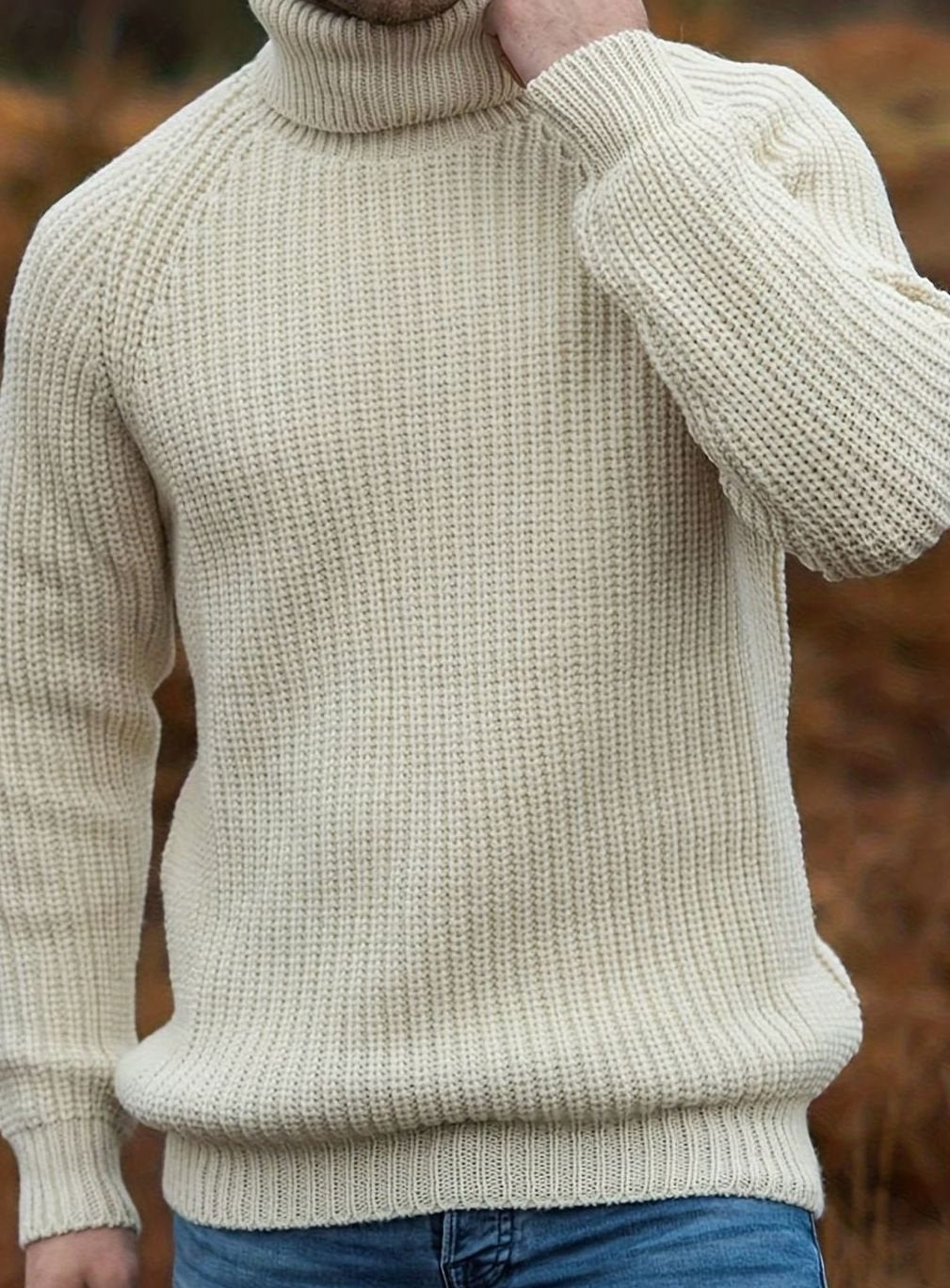 Men's Ribbed Knit Turtleneck Sweater Pullover - Beige