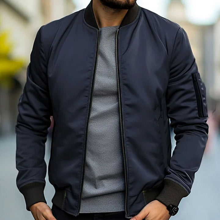 Men's Ribbed-Trim Zip-Up Casual Bomber Jacket - Dark Blue