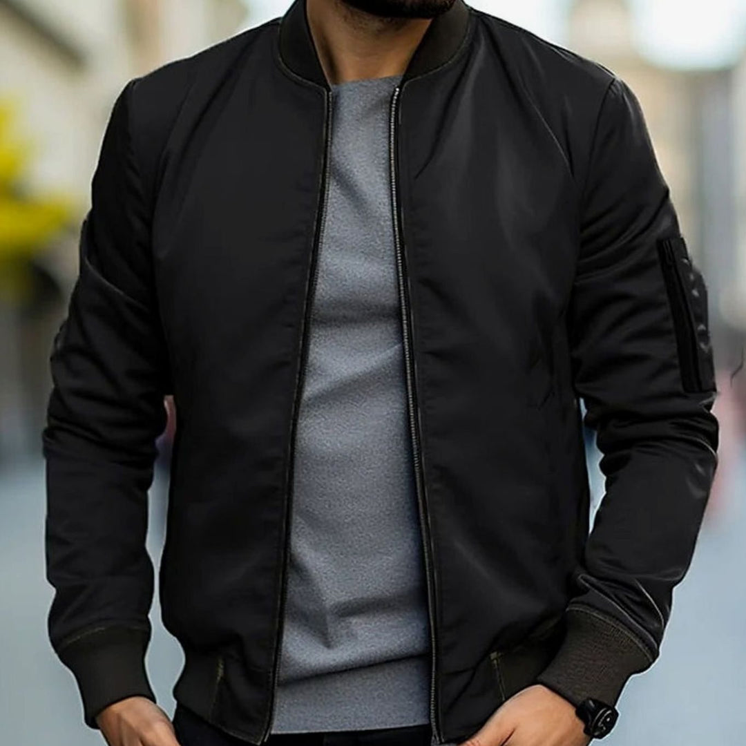 Men's Ribbed-Trim Zip-Up Casual Bomber Jacket - Black