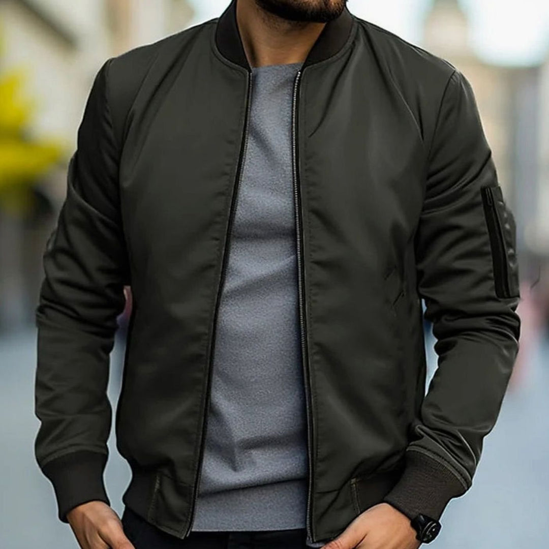Men's Ribbed-Trim Zip-Up Casual Bomber Jacket - Olive Green