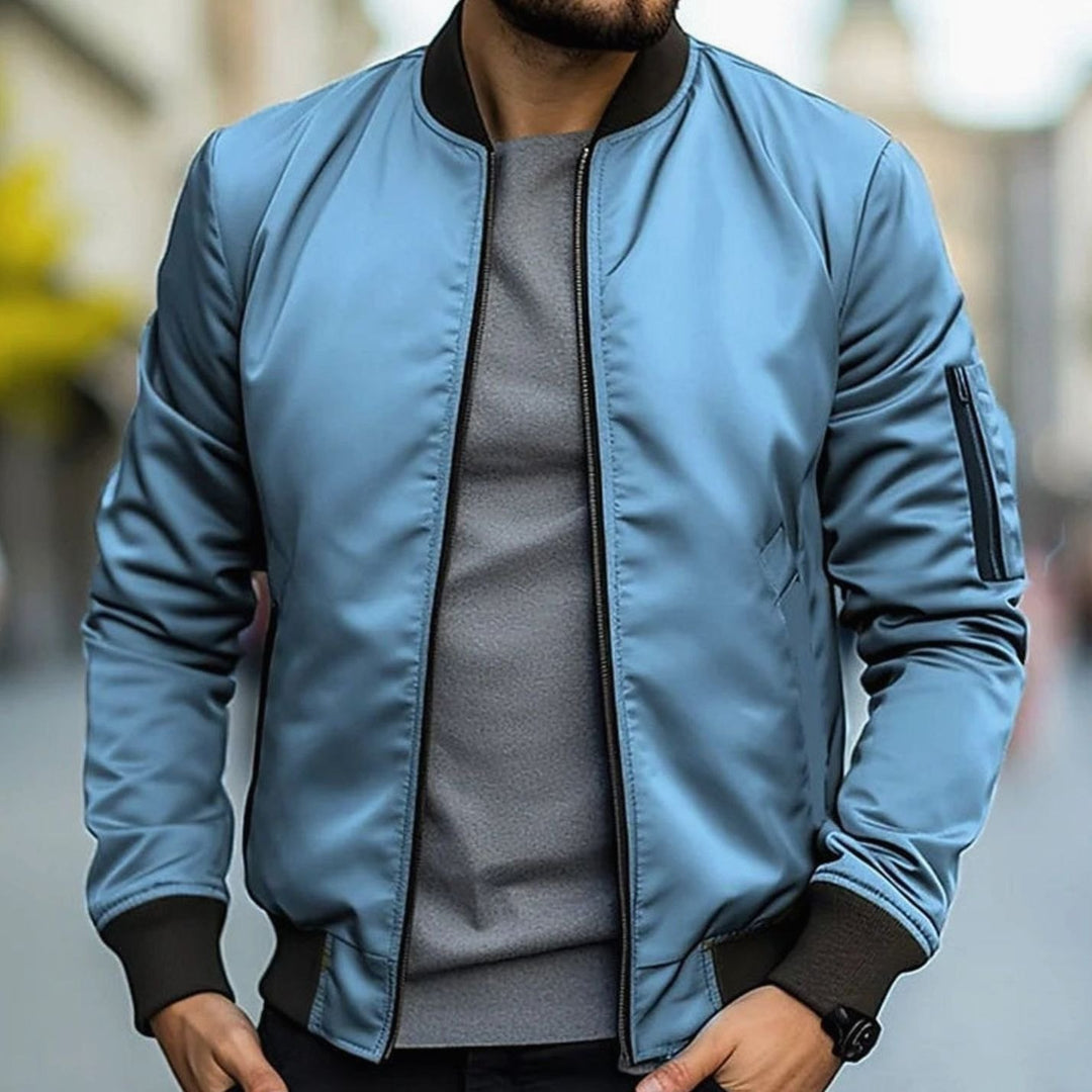 Men's Ribbed-Trim Zip-Up Casual Bomber Jacket - Blue