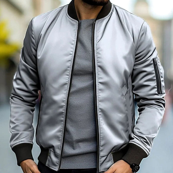 Men's Ribbed-Trim Zip-Up Casual Bomber Jacket - Light Grey