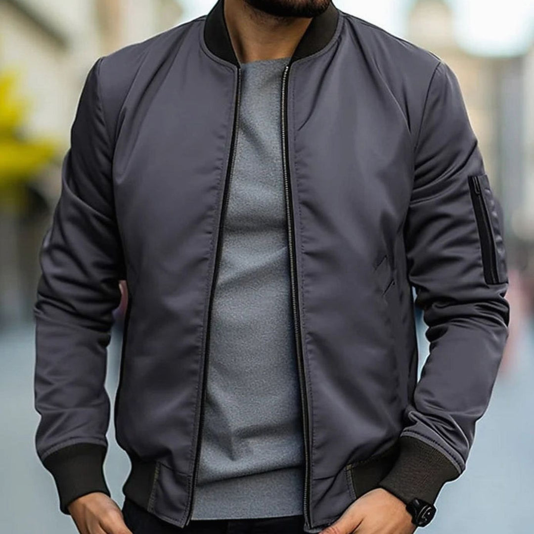 Men's Ribbed-Trim Zip-Up Casual Bomber Jacket - Dark Grey