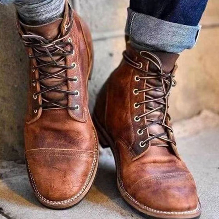 Men's Rugged Leather Lace-Up Boots Ankle Combat - Light Brown