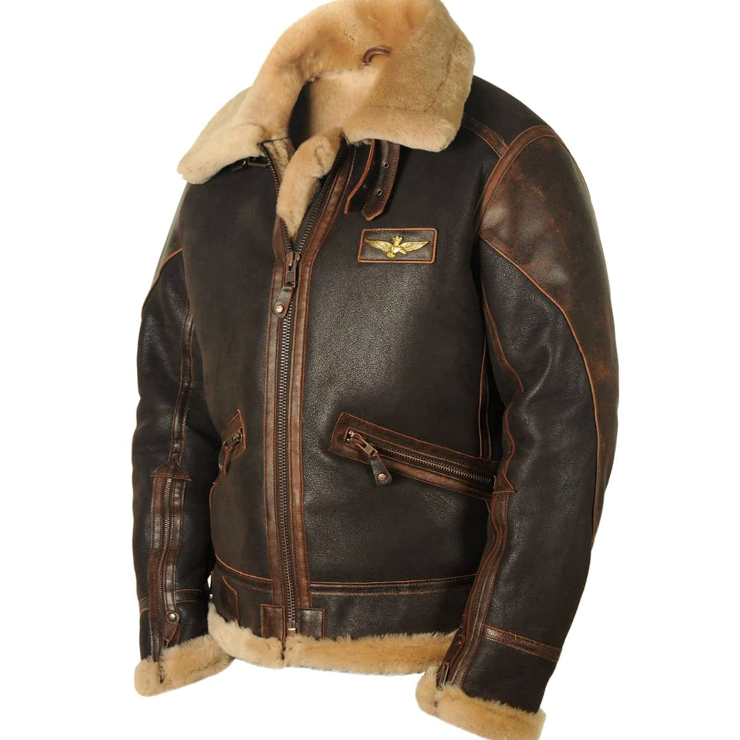 Men's Shearling-Lined Leather Aviator Bomber Jacket